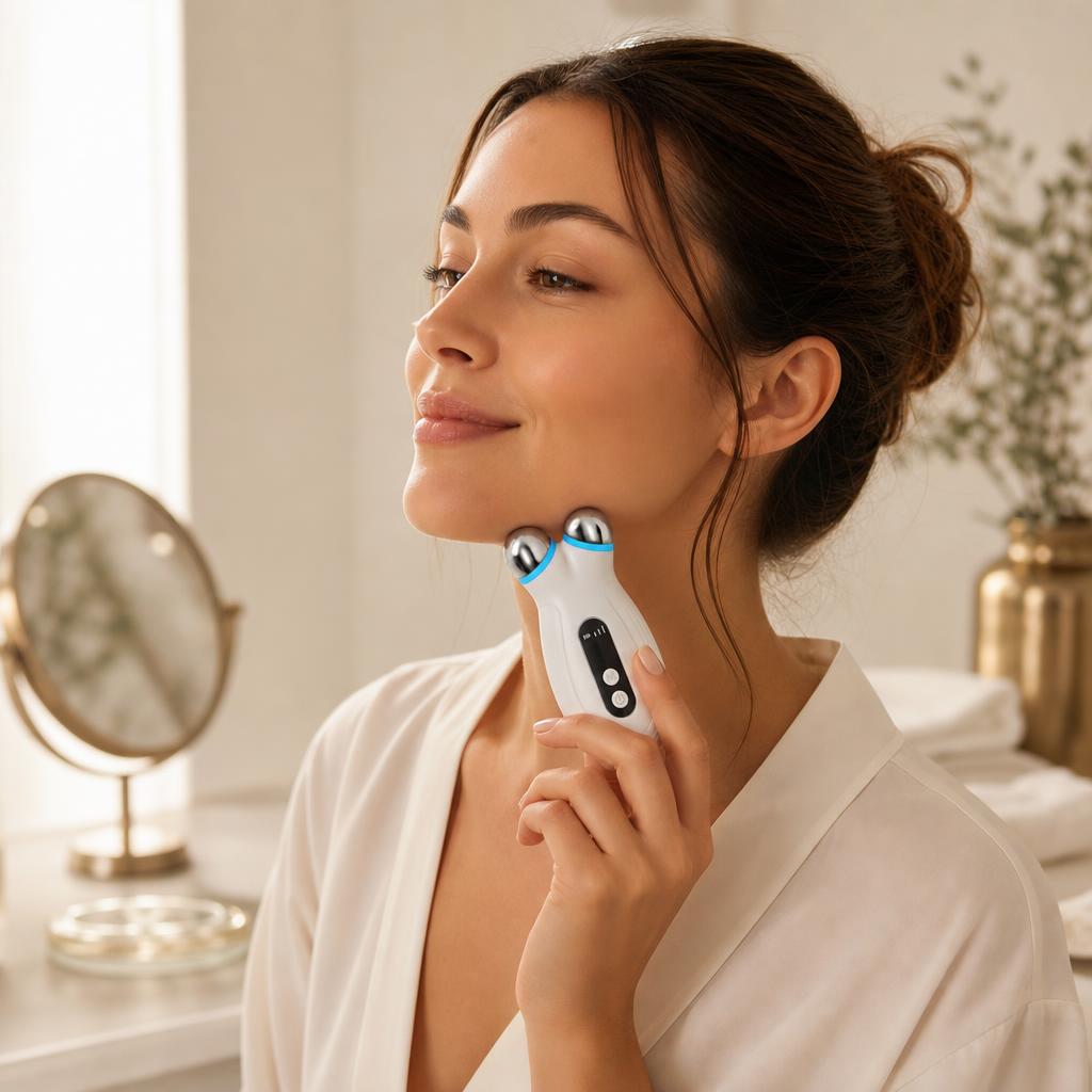 Woman using the RadianceLift V-Toner microcurrent device during her at-home beauty ritual