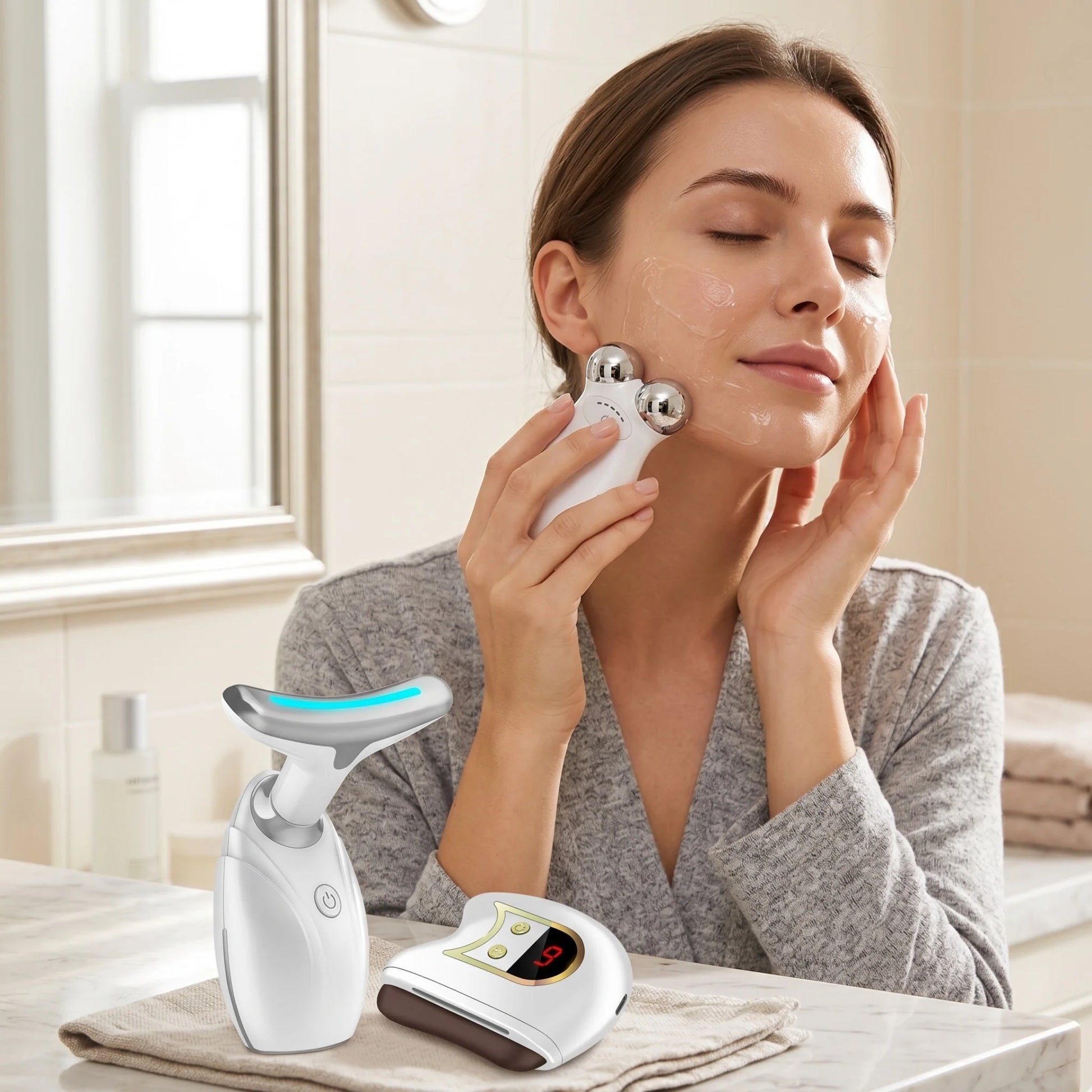 Lift, Sculpt & Glow Toolkit -Set of 3- LED Therapy, Electric Gua Sha & Microcurrent Toning Device for Radiant Skin