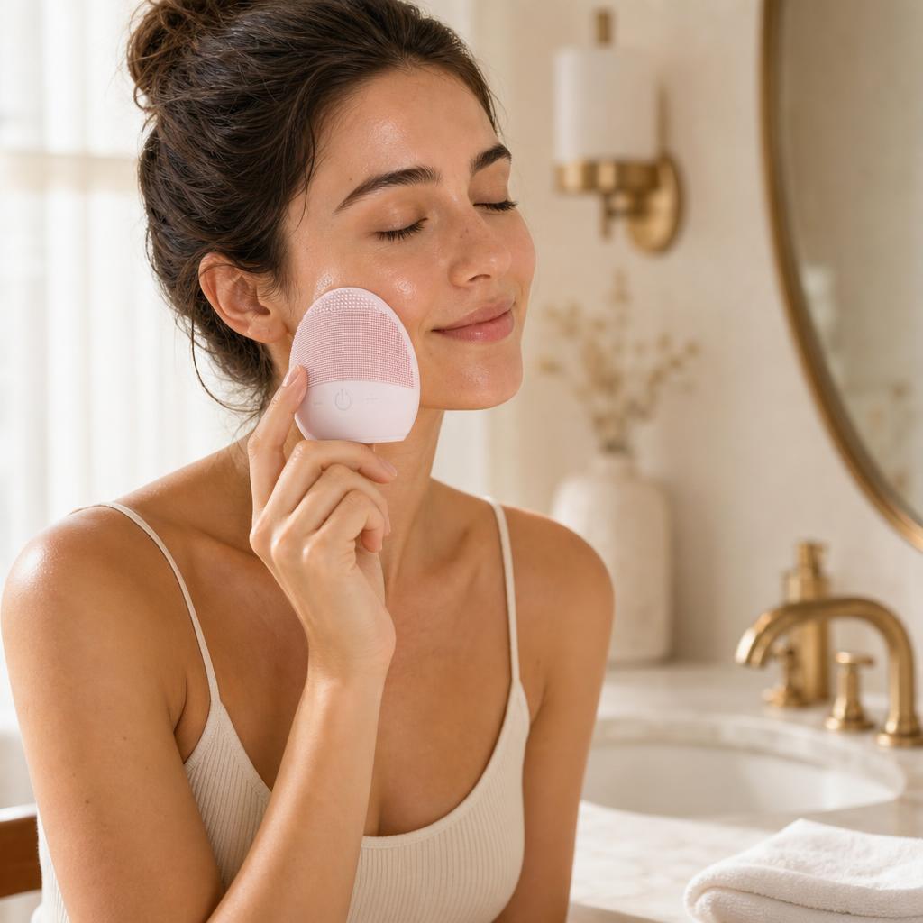 Woman using the PurePulse Cleansing Brush on her cheek at the bathroom sink
