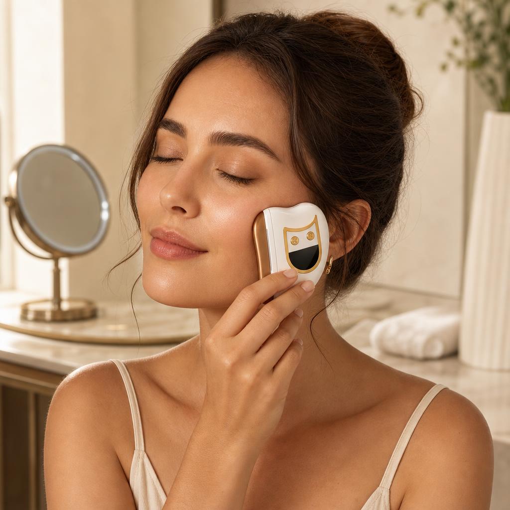 Woman using the GleamSculpt Revolution facial sculpting device at home